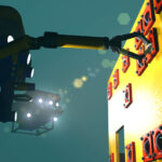High quality 3D render of an ROV manipulating a control valve on an underwater wellhead. Fictitious ROV, oil and gas equipment. Murky water to emphasize depth, and blurred image for dramatic effect.
