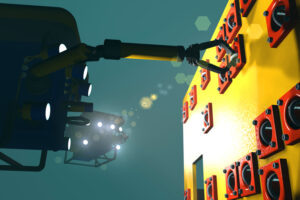 High quality 3D render of an ROV manipulating a control valve on an underwater wellhead. Fictitious ROV, oil and gas equipment. Murky water to emphasize depth, and blurred image for dramatic effect.
