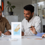 Three people engaged in discussion at a table, with a globe placed in the center, symbolizing global topics.