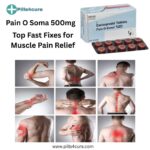 Pain O Soma 500mg tablets for fast muscle pain relief with highlighted red areas showing muscle strain in different parts of the body.