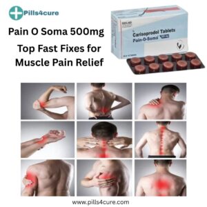 Pain O Soma 500mg tablets for fast muscle pain relief with highlighted red areas showing muscle strain in different parts of the body.